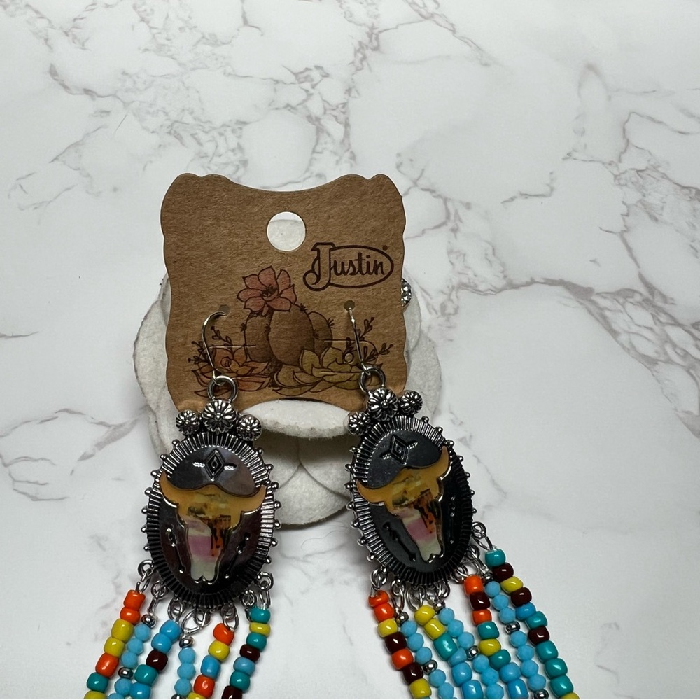 Justin Western Longhorn Skull Beaded Fringe Earrings|Cowgirl Rodeo|NWT - Picture 7 of 7